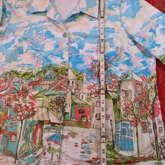 CJ Banks Cityscape Watercolor Shirt Jacket, 2X Stretch Denim Long Sleeve Boho - Picture 8 of 11